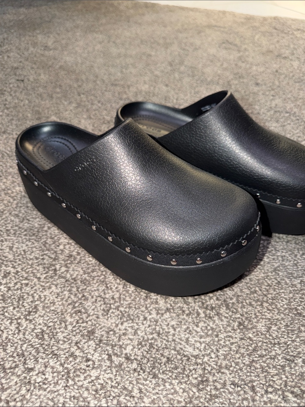 CROCS Black Platform Clog Mules with Stud Accents